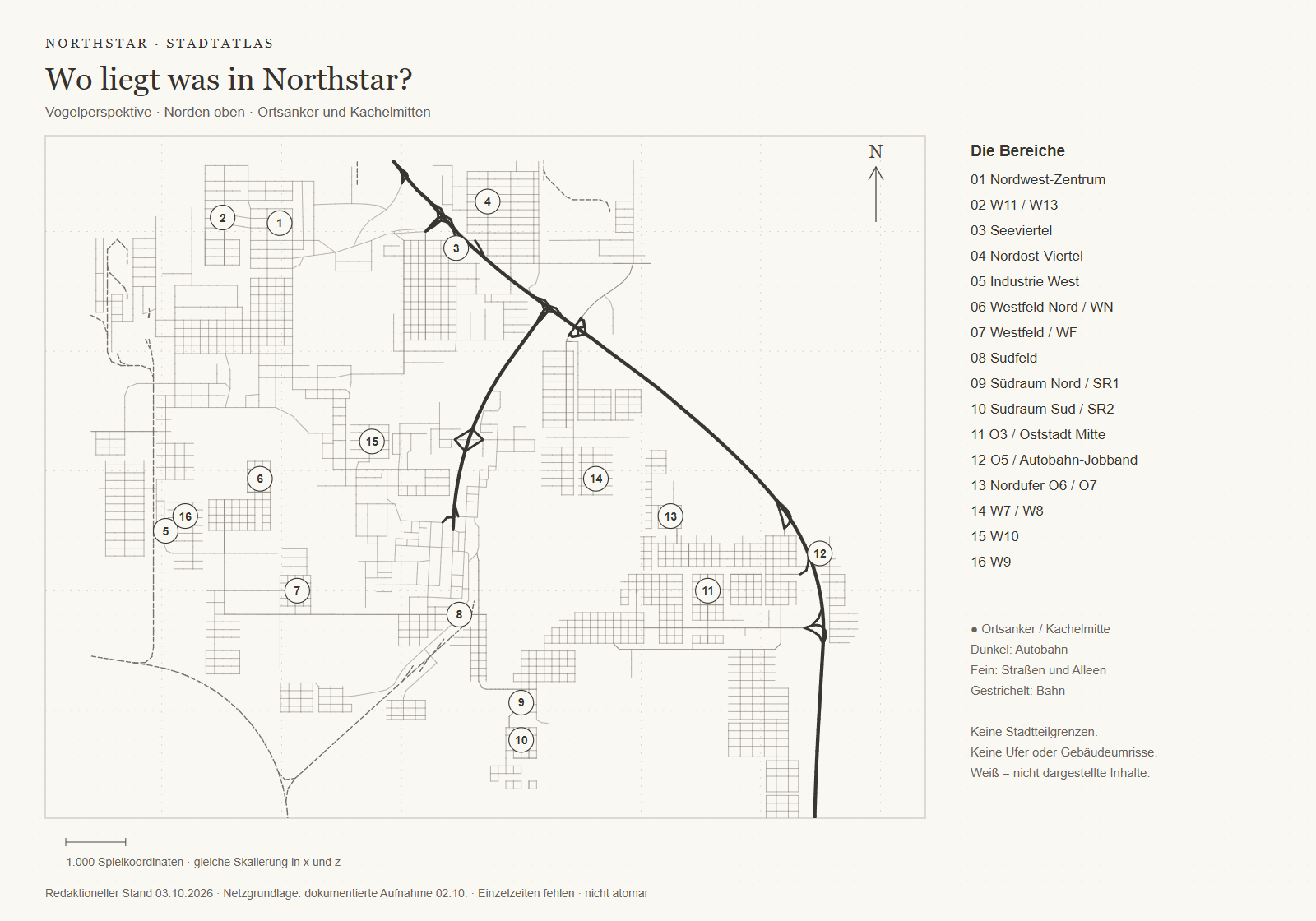 Datierte Gesamtübersicht von Northstar mit nummerierten Ortsankern und Straßen- und Bahnnetz.