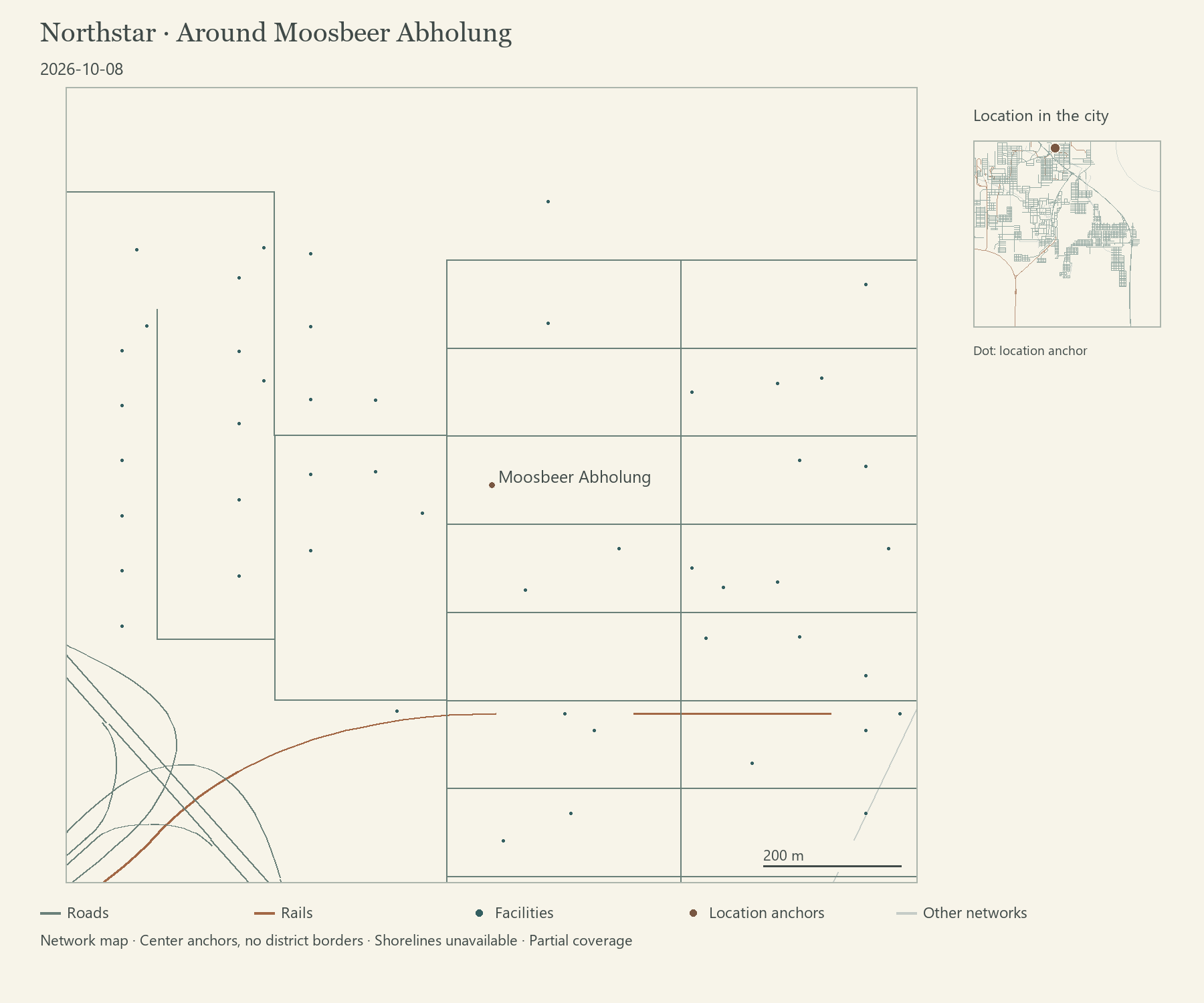 Moosbeer pickup: documented network curves and facility points, geometry as of 8 October