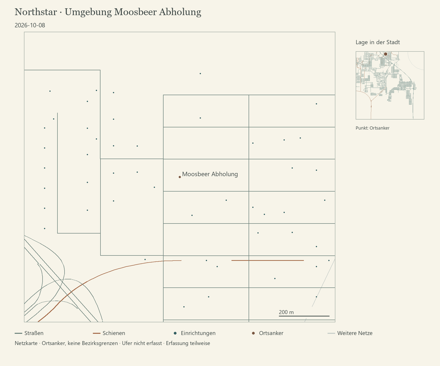 Moosbeer Abholung: belegte Netzkurven und Einrichtungspunkte, Geometriestand 8. Oktober